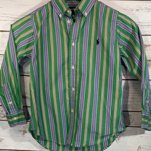 Ralph Lauren Boys Shirt Button Down long Sleeve With Green and Purple Strips EUC - Picture 2 of 9